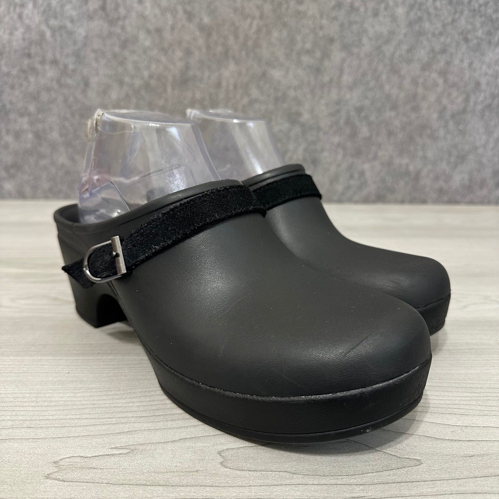 Crocs Sarah Clogs Womens Size 10 Black Suede Strap Buckle Comfort Heeled Mules